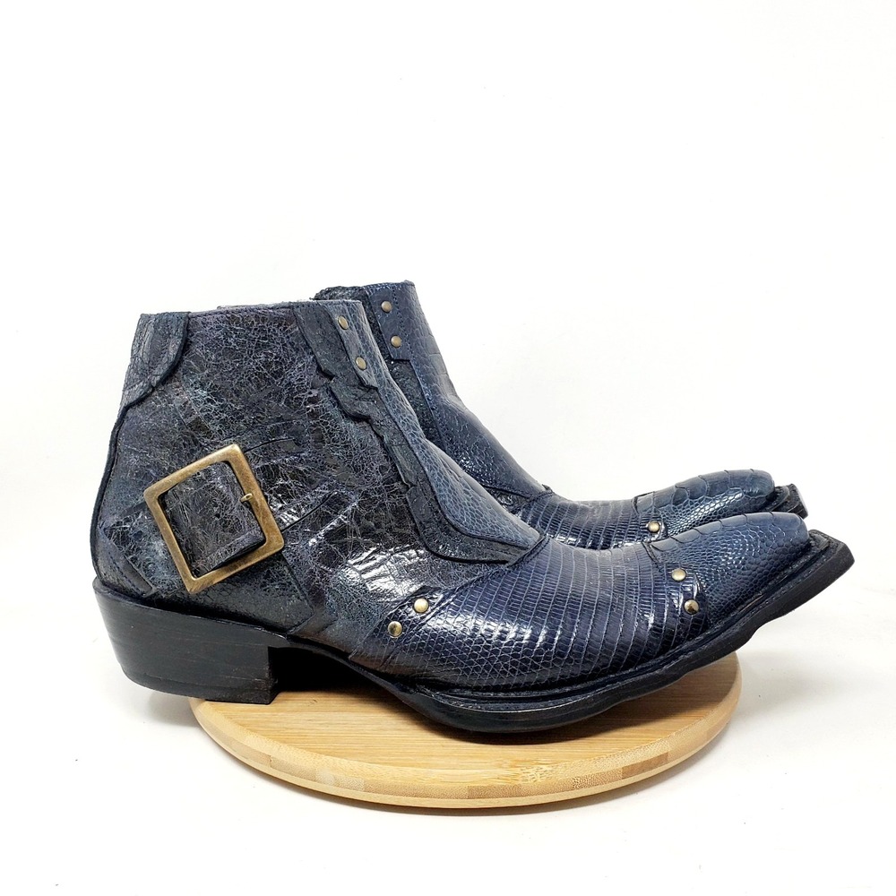 Pecos Bill Caiman Boots Mens 9 EE WIDE Blue Patchwork Studded Exotic Buckle Shoe